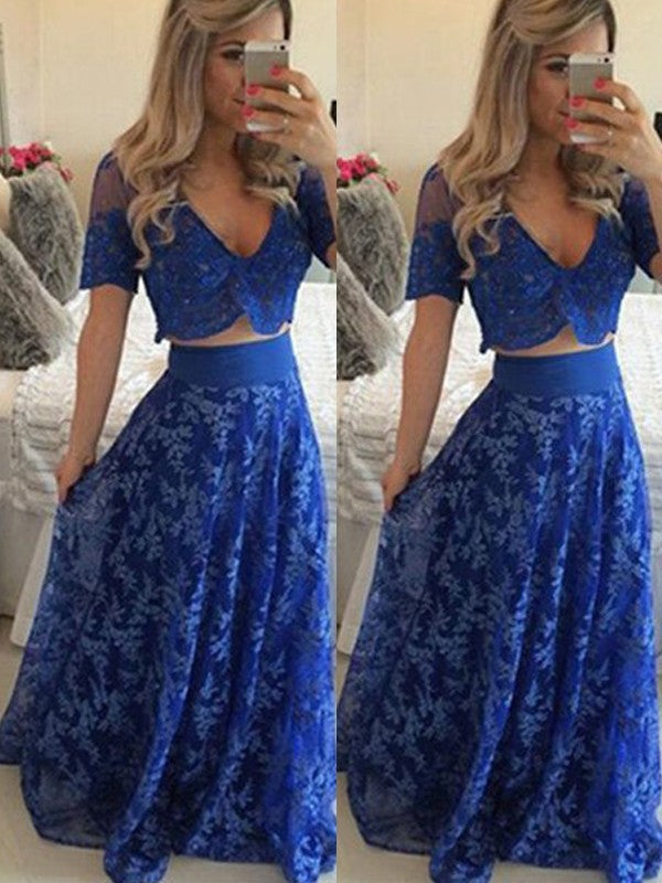 Gorgeous V-neck Short Sleeves Long Lace Two Piece Prom Dress