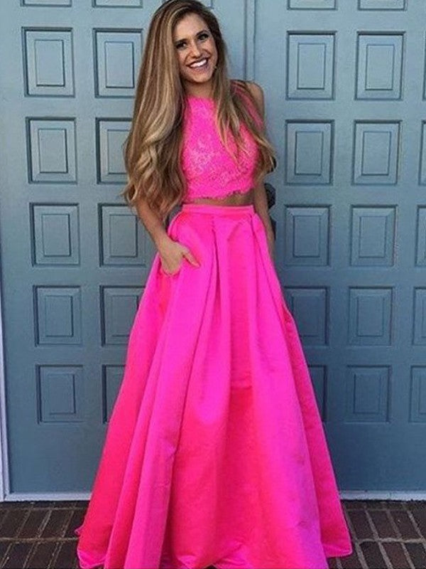 Sleeveless Amazing Scoop Long Lace Satin Two Piece Prom Dress