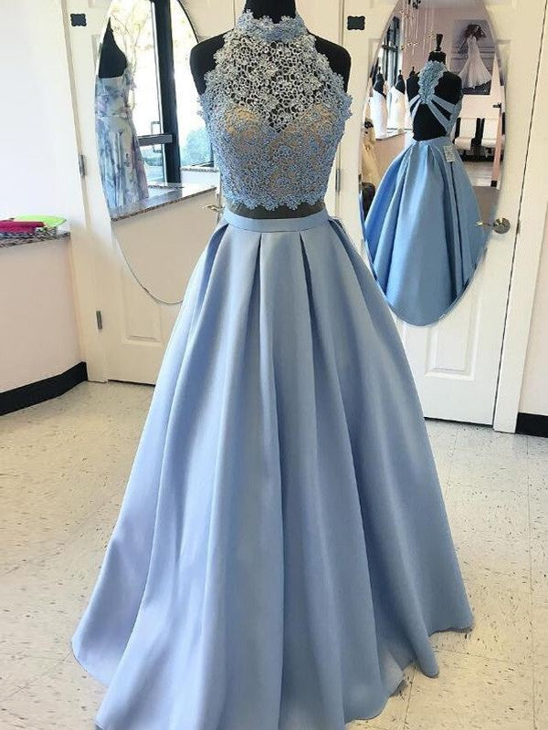 Ball Gown Sleeveless Long With Appliques Satin Two Piece Prom Dress