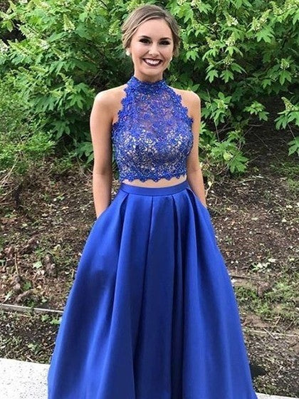 Ball Gown Sleeveless Long With Appliques Satin Two Piece Prom Dress