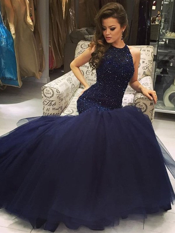 Beautiful Sleeveless Mermaid Long Jewel Tulle Beading Prom Dress