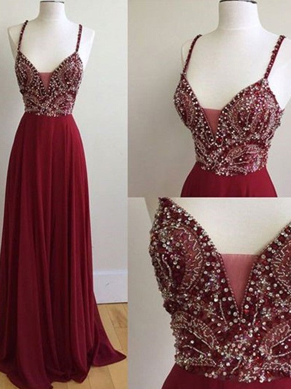 Gorgeous Spaghetti-Straps Prom Dress Sleeveless Long With Beadings