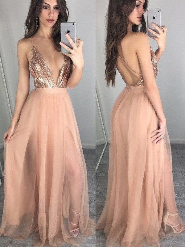 Chic Spaghetti-Straps Sequin Prom Dress Long Sleeveless On Sale
