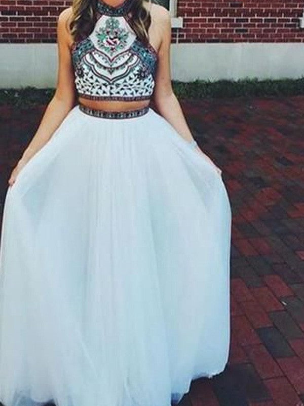 Gorgeous Halter Sleeveless Long Beading Net Two Piece Prom Dress