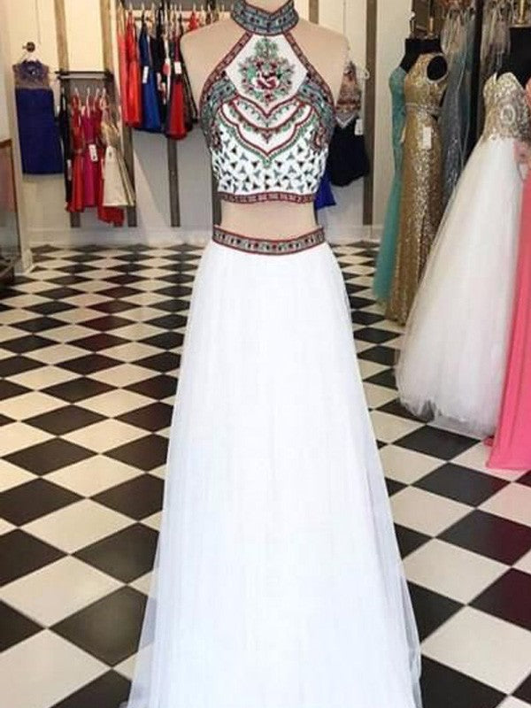 Gorgeous Halter Sleeveless Long Beading Net Two Piece Prom Dress