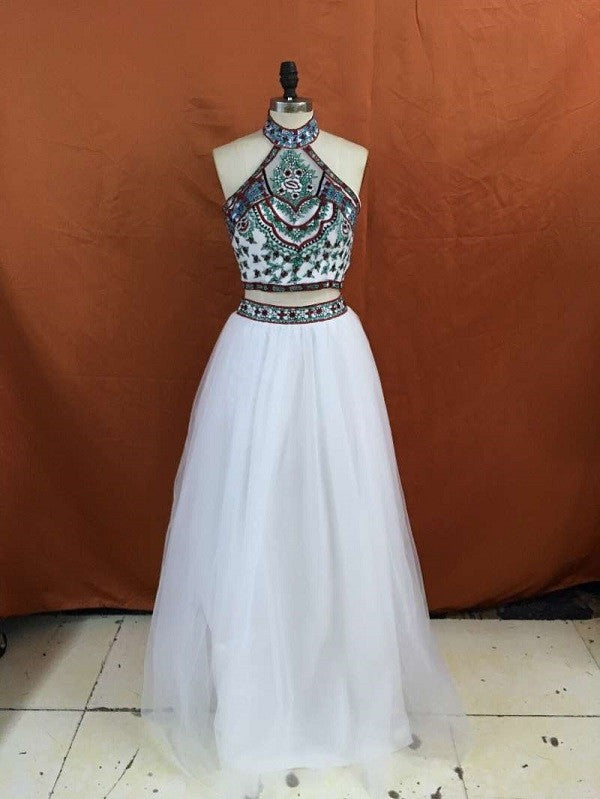 Gorgeous Halter Sleeveless Long Beading Net Two Piece Prom Dress