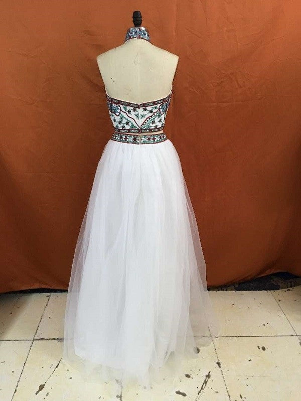 Gorgeous Halter Sleeveless Long Beading Net Two Piece Prom Dress