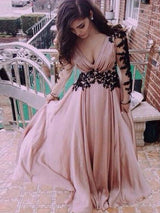 Gorgeous Long Sleeves V-neck Chiffon With Appliques Long Prom Dress