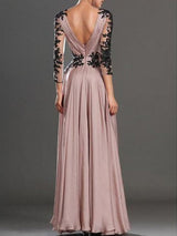 Gorgeous Long Sleeves V-neck Chiffon With Appliques Long Prom Dress