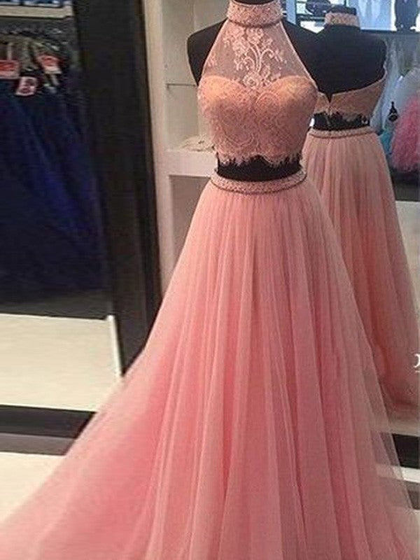 Sleeveless Amazing Tulle Lace Long Two Piece Prom Dress