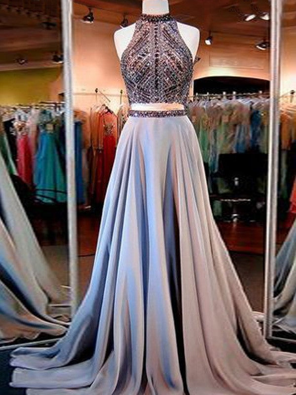 Fashion Gorgeous Satin Sleeveless Floor Length With Beading Two Piece Prom Dress