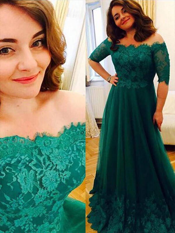 Gorgeous Short Sleeves Tulle Off-the-Shoulder With Appliques Long Plus Size Prom Dress