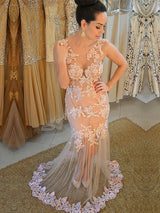 Chic Mermaid Tulle Scoop With Appliques Sleeveless  Plus Size Prom Dress