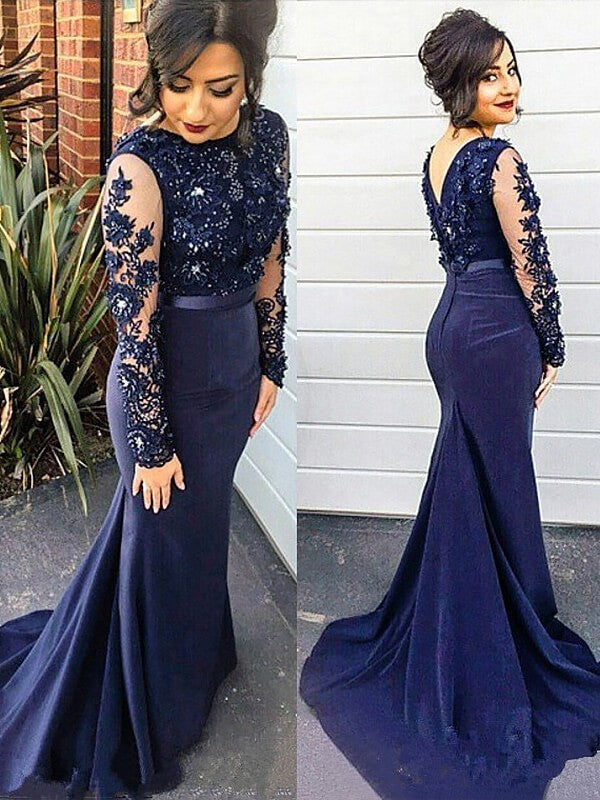 Chic Mermaid Lace Scoop  Long Sleeves Plus Size Prom Dress