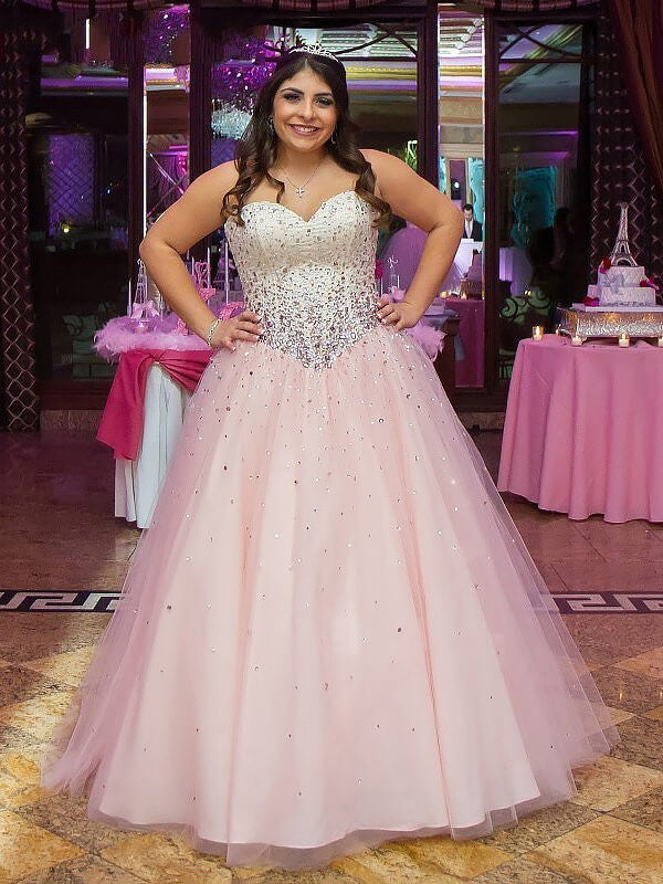 Ball Gown Sleeveless Sweetheart Tulle Long Beading Plus Size Prom Dress