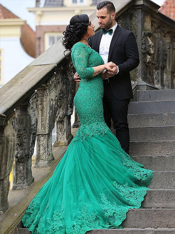 Chic Mermaid V-neck Tulle With Appliques 3/4 Sleeves  Plus Size Prom Dress