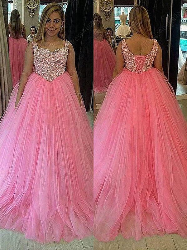 Ball Gown Sleeveless Sweetheart Tulle  Pearls Plus Size Prom Dress