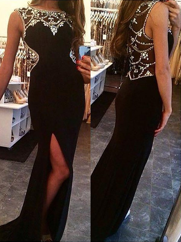 SheathBateau Sleeveless  Beading Spandex Prom Dress