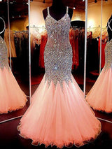Beautiful Sleeveless Mermaid V-neck Tulle Sequin Long Prom Dress