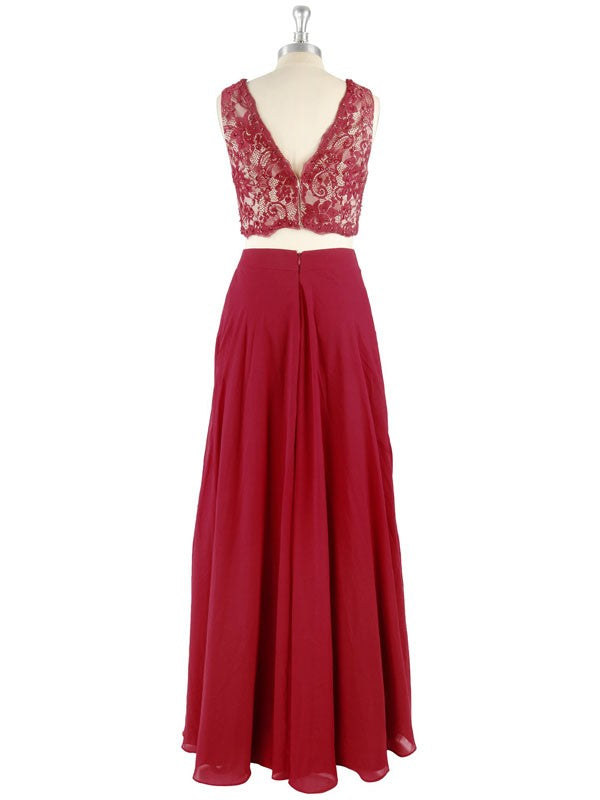 Sleeveless Amazing V-neck Chiffon Lace Long Two Piece Prom Dress