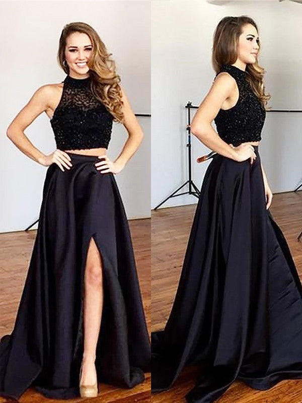 Sleeveless Amazing Halter Satin Beading  Two Piece Prom Dress