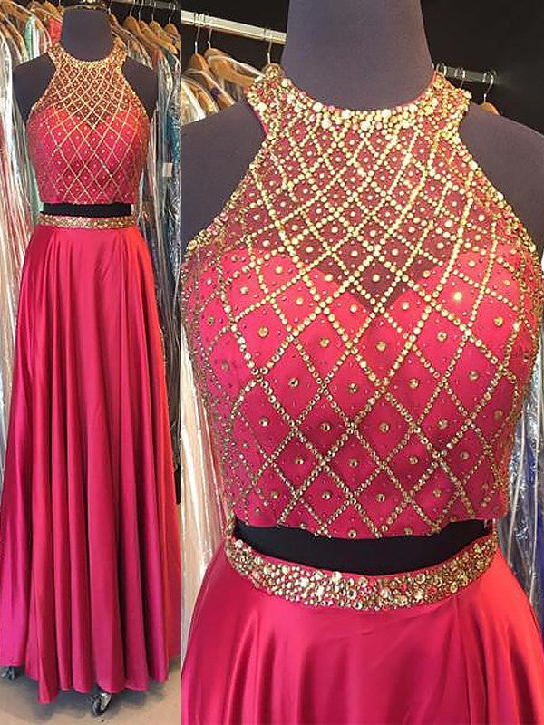 Sleeveless Amazing Halter Elastic Woven Satin Beading Long Two Piece Prom Dress