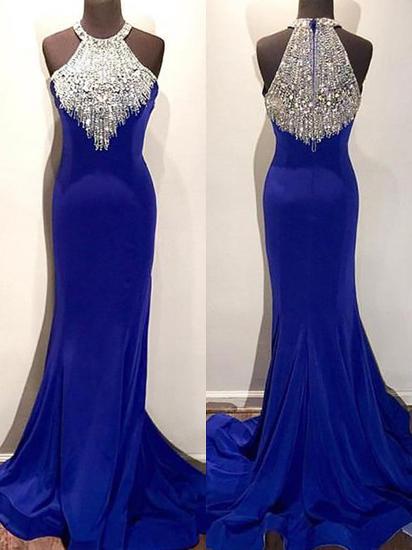 Chic Mermaid Halter Sleeveless  Beading Spandex Prom Dress