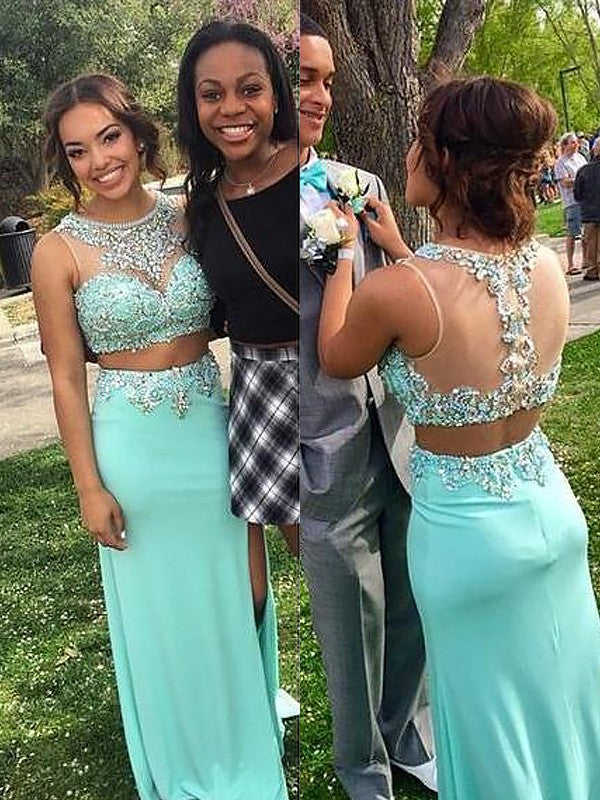 Elegant Scoop Beading Sleeveless Long Spandex Two Piece Prom Dress