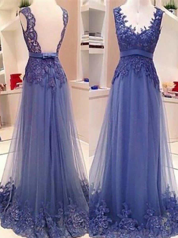 Sleeveless Amazing V-neck Tulle With Appliques Long Prom Dress