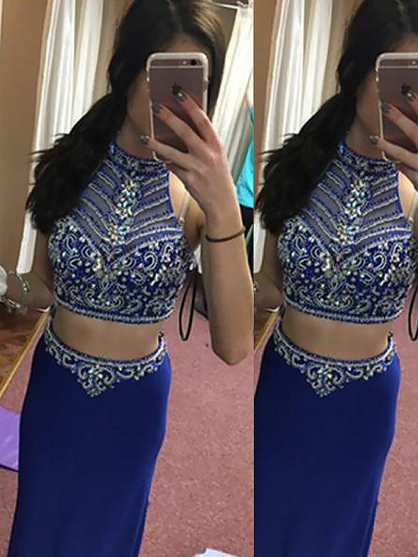 Chic Halter Beading Sleeveless Long Satin Two Piece Prom Dress