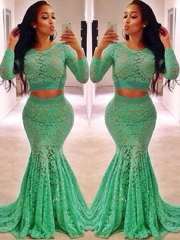 Chic Mermaid Scoop Long Sleeves Lace Ruffles  Two Piece Prom Dress