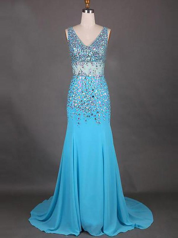 Beautiful Sleeveless Mermaid V-neck Chiffon Beading  Prom Dress