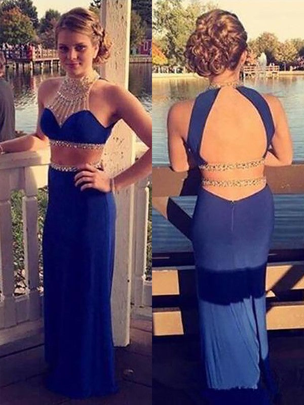 Chic Halter Beading Sleeveless Long Chiffon Two Piece Prom Dress