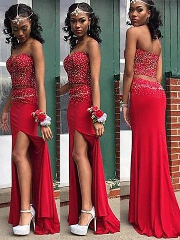 SheathSweetheart Beading Sleeveless Long Satin Two Piece Prom Dress