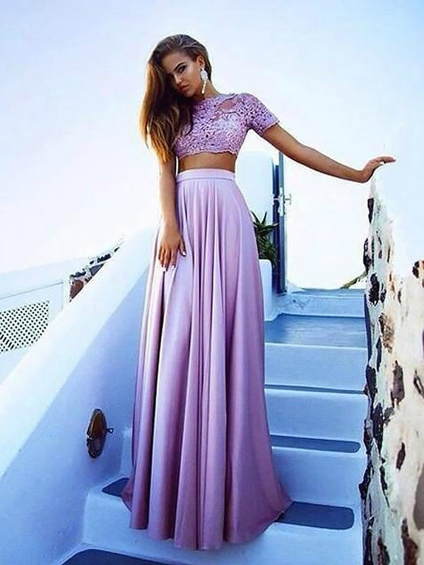 Gorgeous Bateau Short Sleeves Satin Long Lace Two Piece Prom Dress