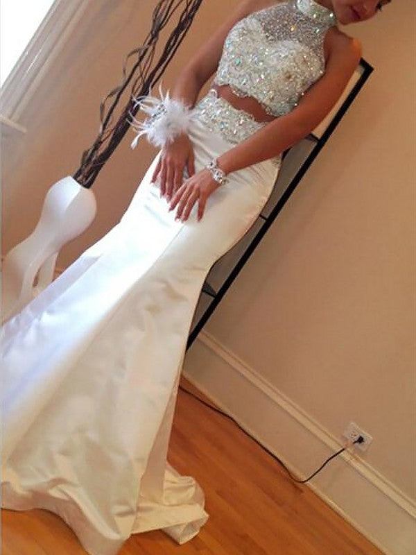 Beautiful Sleeveless Mermaid Satin Beading  Two Piece Prom Dress
