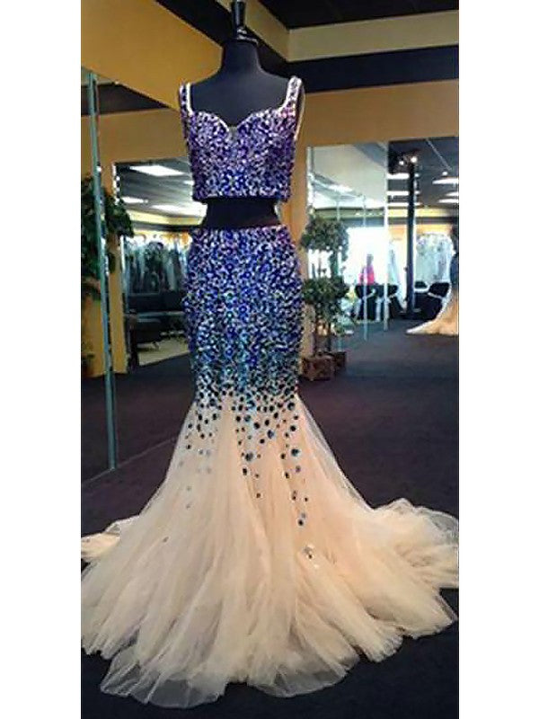 Chic Mermaid Sweetheart Sleeveless Tulle Beading  Two Piece Prom Dress