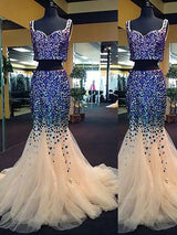 Chic Mermaid Sweetheart Sleeveless Tulle Beading  Two Piece Prom Dress