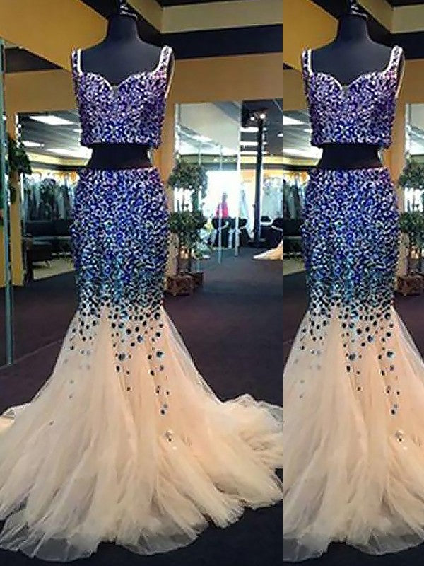 Chic Mermaid Sweetheart Sleeveless Tulle Beading  Two Piece Prom Dress