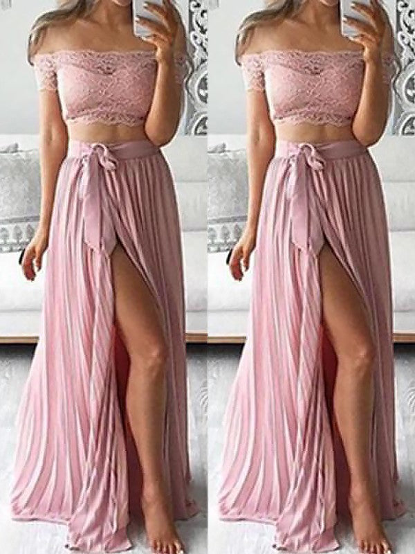 Gorgeous Off-the-Shoulder Sleeveless Chiffon Long Lace Two Piece Prom Dress