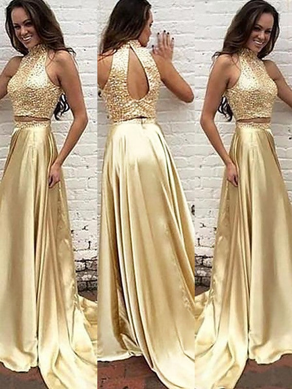 Sleeveless Amazing Satin  Beading Two Piece Prom Dress