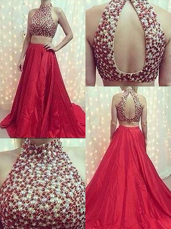 Sleeveless Amazing Satin  Beading Two Piece Prom Dress