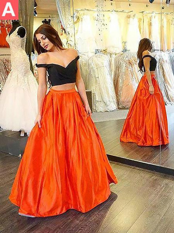 Gorgeous Off-the-Shoulder Sleeveless Taffeta Long Ruffles Two Piece Prom Dress