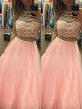 Gorgeous Halter Sleeveless Tulle Long Beading Two Piece Prom Dress