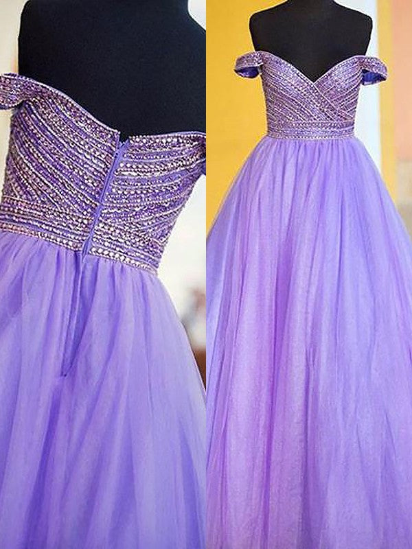 Ball Gown Sleeveless Off-the-Shoulder Beading Long Tulle Prom Dress