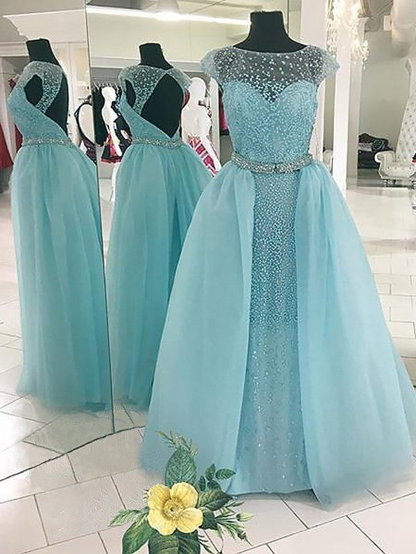 Ball Gown Sleeveless Bateau Beading Long Tulle Prom Dress