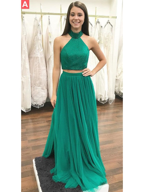 Gorgeous Halter Sleeveless Long Beading Tulle Two Piece Prom Dress