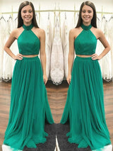 Gorgeous Halter Sleeveless Long Beading Tulle Two Piece Prom Dress
