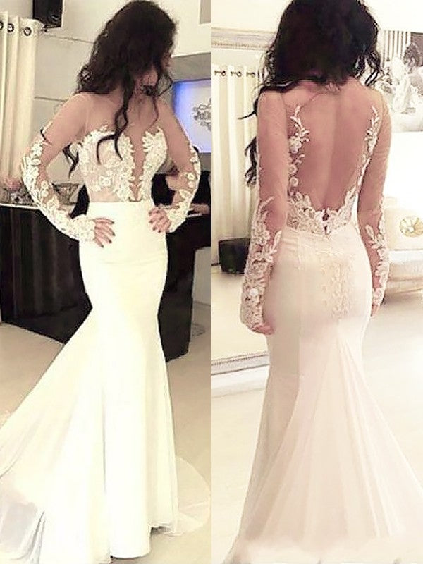 Chic Mermaid Scoop Chiffon Long Sleeves With Appliques  Prom Dress