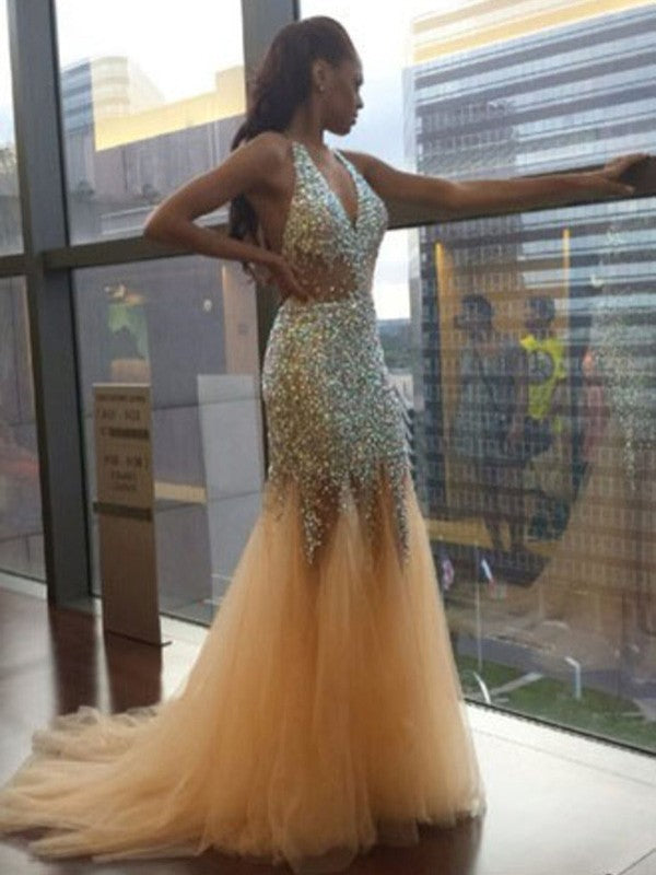 Chic Mermaid Halter Sleeveless Tulle Sequin Court Train Prom Dress